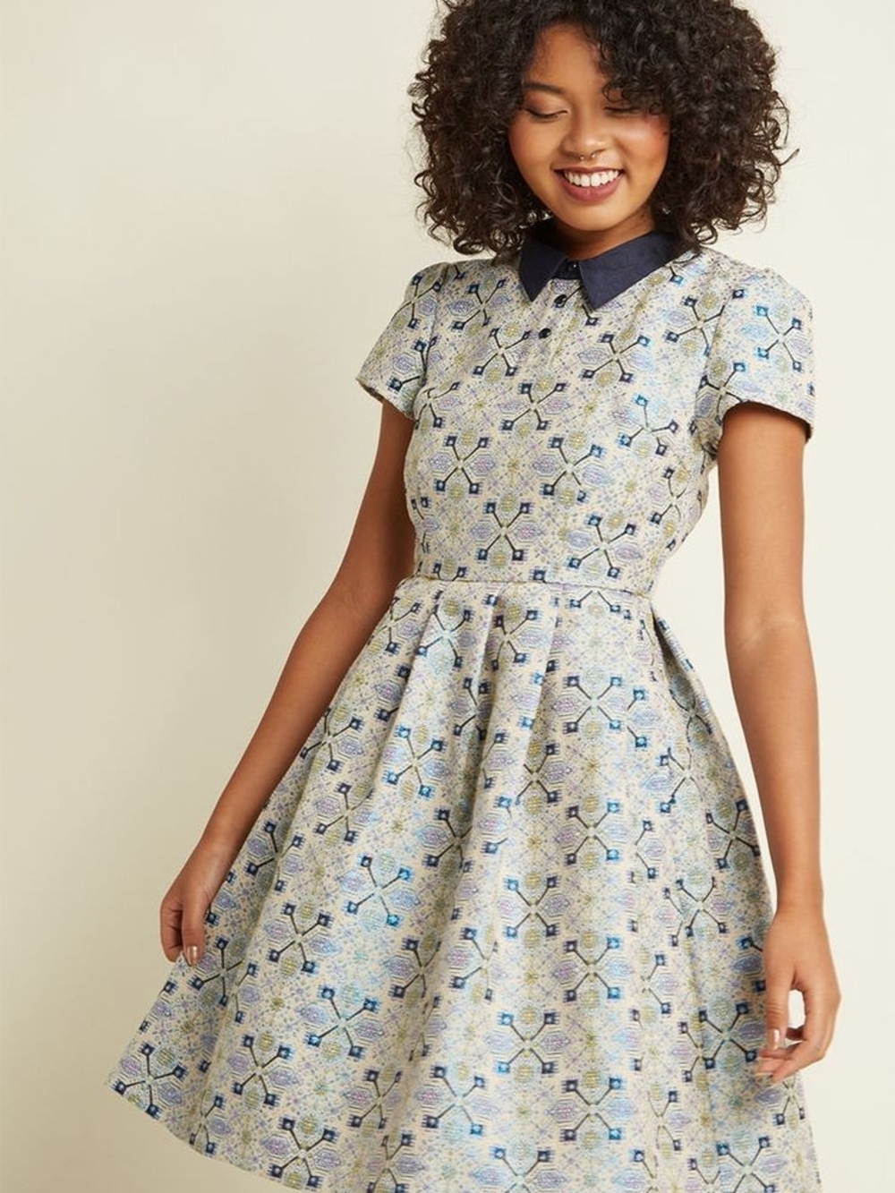 Modcloth Geometric Fit-and-Flare Dress with Contrast Collar - Blue Size XL